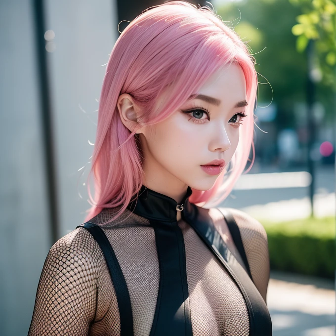 (wearing Fishnet bodystocking :1.3),One person girl,View Lens,Pink Hair,Wear ,masterpiece,high quality,8K,最high quality,Realistically,Vivid details,One huge breasted girl,Adorable,Beautiful face with lots of detail,One Man,View your viewers,The street faces the wall,Standing on the street,uniform,Perfect detail。