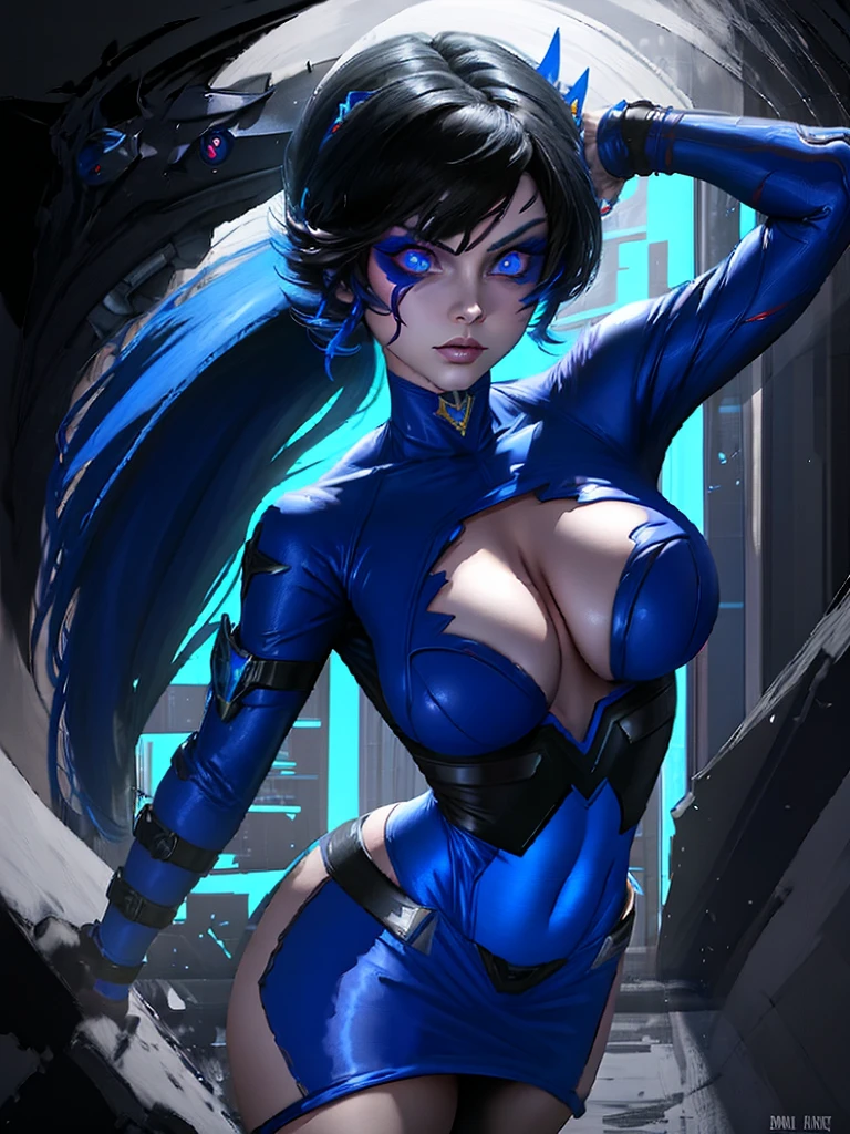 Blue Power Ranger, hurricane ,Sexy goth woman big breast, character sheet,goth makeup, character design,view all sides, full detail different poses