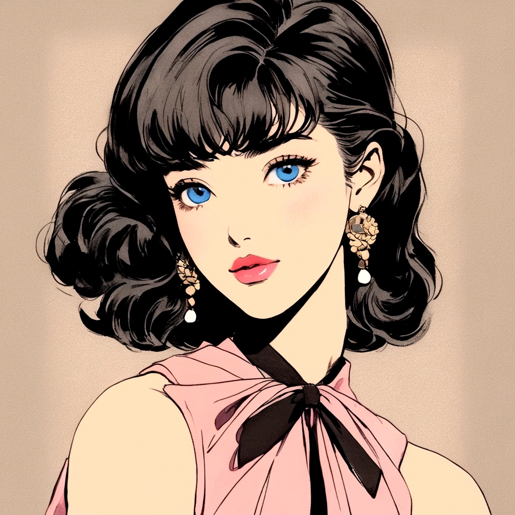 A retro girl（Cute:1.3 points）,（Eighties:1.4 points）,（Retro Hong Kong style:1.3 points），Vintage pictorial，Showa manga，1990s animation style，Vintage jewelry，Black short hair，earrings，necklace，Blue Eyes，Bow，Bust，clavicle，Pink lips，Off-shoulder tops，黑色necklace，Bangs，Simple background，（Gray tone：1.2）