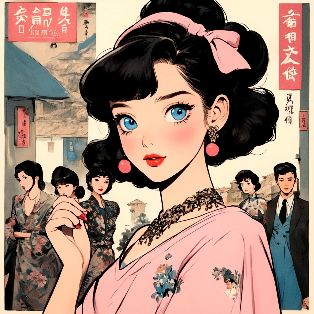 A retro girl（Cute:1.3 points）,（Eighties:1.4 points）,（Retro Hong Kong style:1.3 points），Vintage pictorial，Showa manga，1990s animation style，Vintage jewelry，Black short hair，earrings，necklace，Blue Eyes，Bow，Bust，clavicle，Pink lips，Off-shoulder tops，黑色necklace，Bangs，Simple background，（Gray tone：1.2）