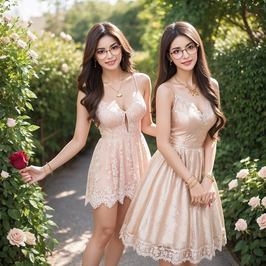 A very beautiful and stylish Iranian lady in a lace dress with a rose design, with long light brown hair, beautiful glasses and shiny brown high-heeled women's high-heeled shoes, with a charming smile, light pink nail polish, a heart-shaped necklace and a golden bracelet, in a garden of Beautiful roses, holding a shiny metal heart with a combination of gold and silver colors and a shiny wreath, that shine in the sunlight.