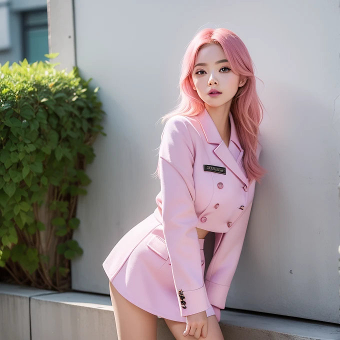 (show your butt hole:1.3),One person girl,View Lens,Pink Hair,Wear ,masterpiece,high quality,8K,最high quality,Realistically,Vivid details,One huge breasted girl,Adorable,Beautiful face with lots of detail,One Man,View your viewers,The street faces the wall,Standing on the street,uniform,Perfect detail。