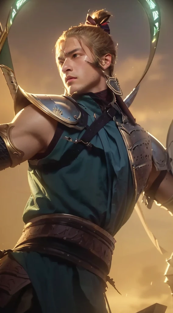 a close up of a boy holding a bow and a sword, detailed face, intricate details, portrait, medieval warrior, armored knight, muscular body, heroic pose, dramatic lighting, dark fantasy, cinematic, dramatic, chiaroscuro, moody, gritty, high contrast, ultra-detailed, 8k, masterpiece, photorealistic