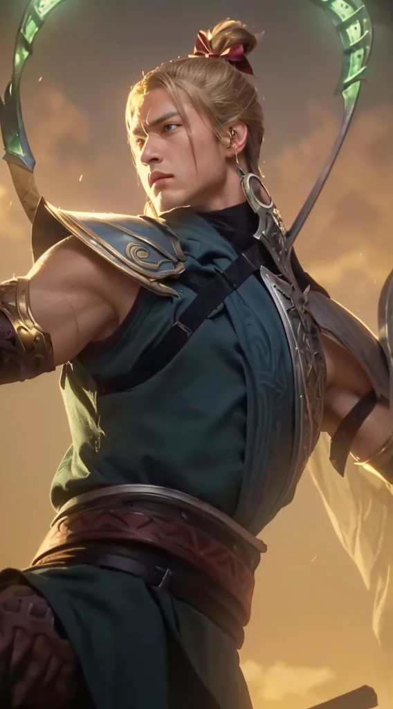 a close up of a boy holding a bow and a sword, detailed face, intricate details, portrait, medieval warrior, armored knight, muscular body, heroic pose, dramatic lighting, dark fantasy, cinematic, dramatic, chiaroscuro, moody, gritty, high contrast, ultra-detailed, 8k, masterpiece, photorealistic