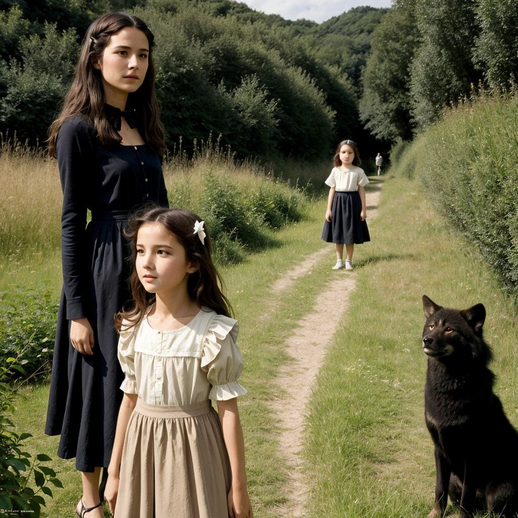 ghibli "les enfants loups" : il y a un garçon peau marron foncé, cheveux noir bouclés mi-long, nez large, yeux noirs et une fille peau beige, elle a les cheveux crépus texturé et noir foncé, elle a les yeux noirs. l'herbe et le ciel prennent 3/4 du dessin, les personnages sont accroupi dans l'herbe en train de rigoler. on les voit de loin