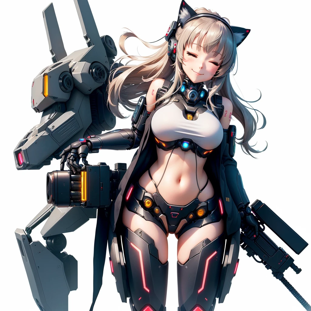 anime Girl with a gun in her hand, fully robot-controlled!! Girl, cute cyborg Girl, Anime-Manga-Robots!! anime Girl, robot Girl, fully robot-controlled!! catGirl, Anime robots mixed with organic, cyberpunk anime Girl mech, cyborg Girl, cyborg - Girl, perfect Anime-Cyborg woman, cyborg merchant Girl, perfect android Girl, Anime-Cyborg, biomechanical oppai, eyes closed, smiling, happy,