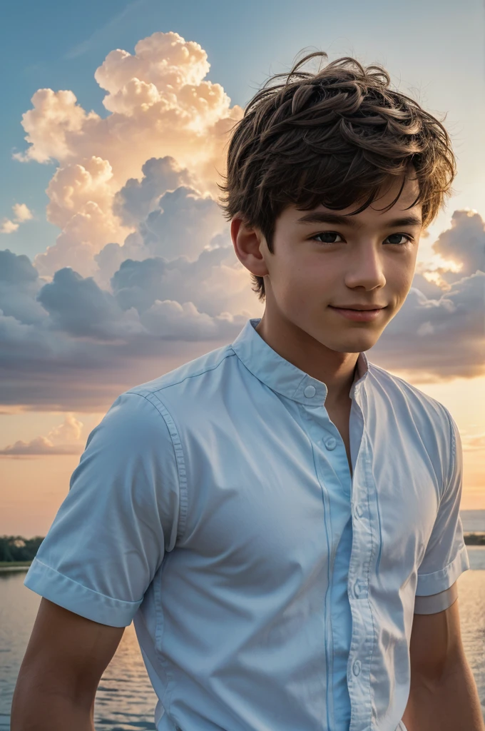masterpiece, best quality, stills, 1 boy, Cloud Boy, floating in the sky, close up, bright, happy, Warm and soft lighting, Sunset, (spark:0.7)