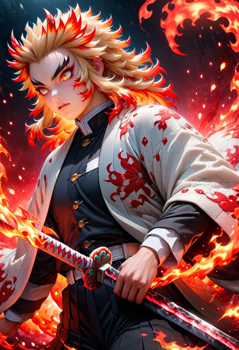 Super detailed, Realistic photos、High resolution, Absurd, High resolution, masterpiece, Rengoku Kyojuro, Blonde, Expressive golden eyes, White Haori with a Flame Pattern, Black Demon Slayer uniform, Kimetsu no Yaiba, Fantasy, petal, Red flower, good looking, sexy man Grabbing a sword, alone, magic, shining red fireflies, Red Moon, Highest quality, Highly detailed face and eyes, fire, Grabbing a sword