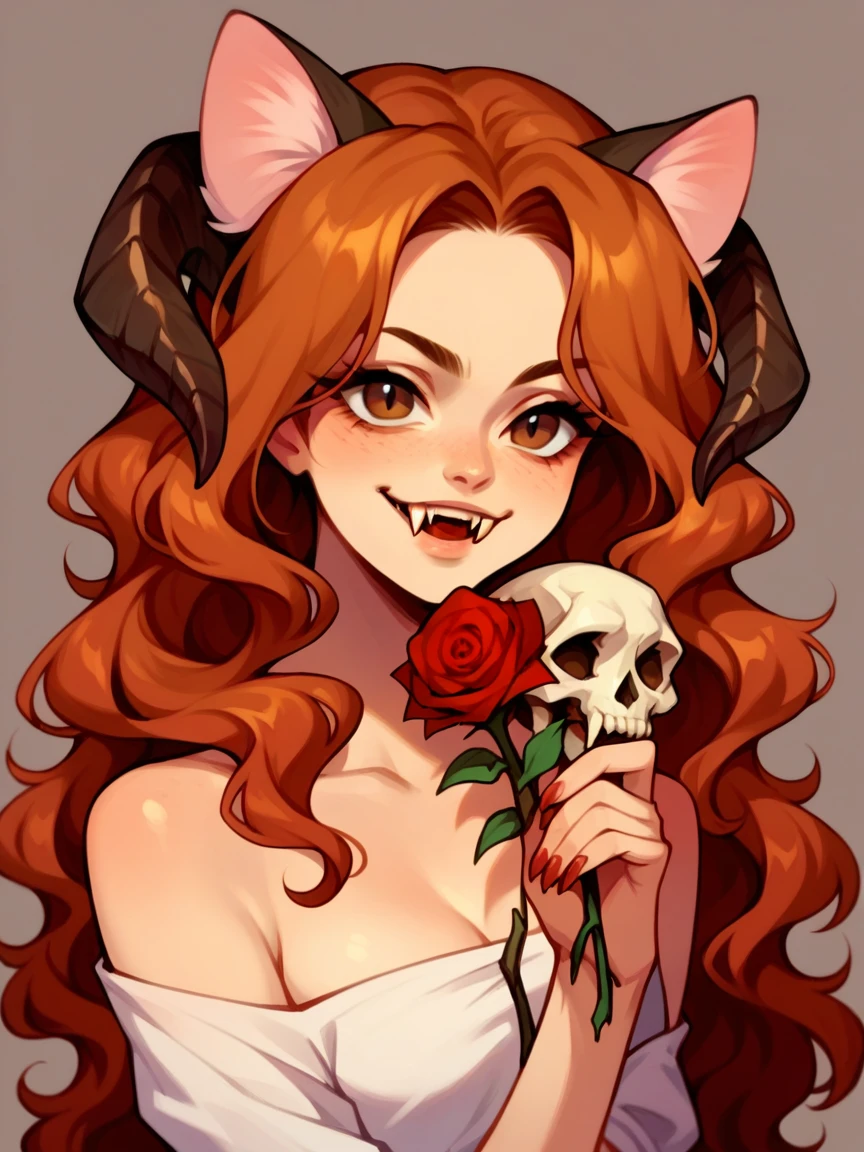  whole body, A pretty woman, long black wavy hair, Brown eyes, unclothed, cat ears and tail, fangs, horns, sexy, holding a skull, and filled the place with red roses