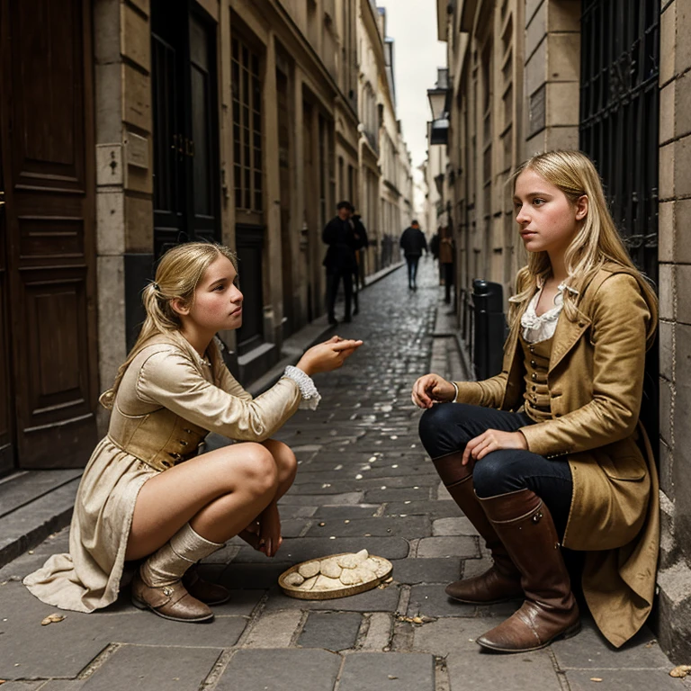 During the French Revolution,18 century ,Begging on the street、Wearing rags、The face is dirty, Poor girl, Beautiful young farm girl, Gold hair, Streets of Paris, Naoreon's soldiers are marching, accurate, anatomically correct, textured skin, beautiful fingers super detail, high details, high quality, best quality,