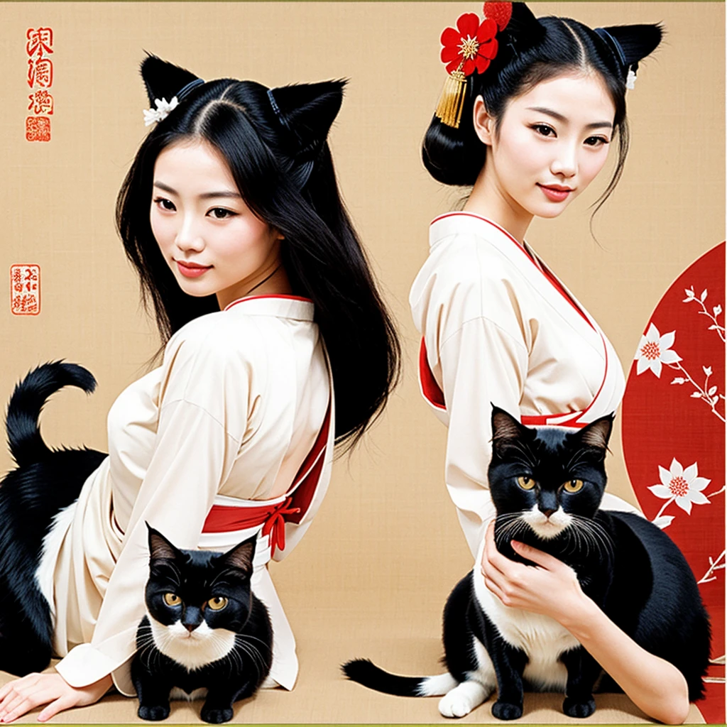 sexy, beautiful,bella geisha petting cat, japanese painting, drawing