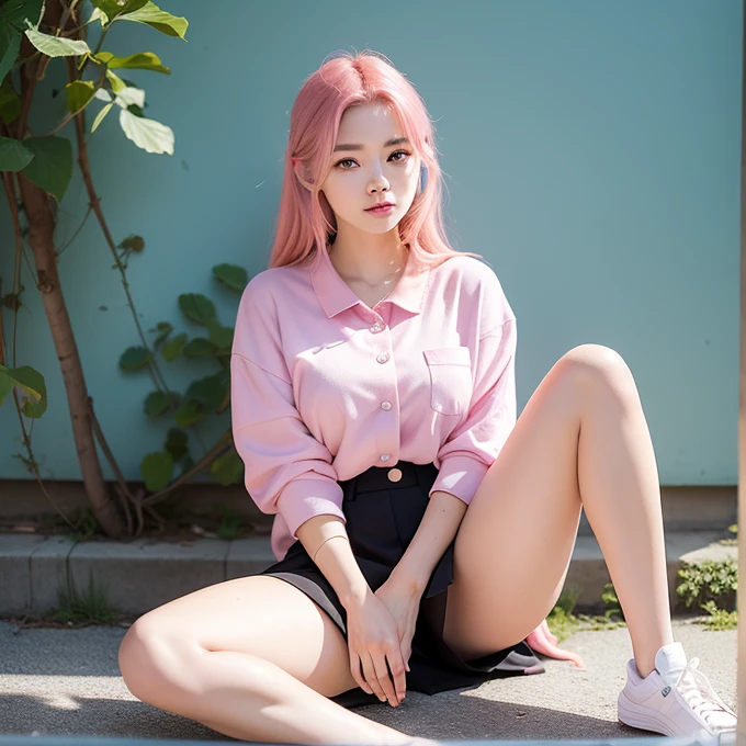 (spread legs, legs up :1.3),One person girl,View Lens,Pink Hair,Wear ,masterpiece,high quality,8K,最high quality,Realistically,Vivid details,One huge breasted girl,Adorable,Beautiful face with lots of detail,One Man,View your viewers,The street faces the wall,Standing on the street,uniform,Perfect detail。