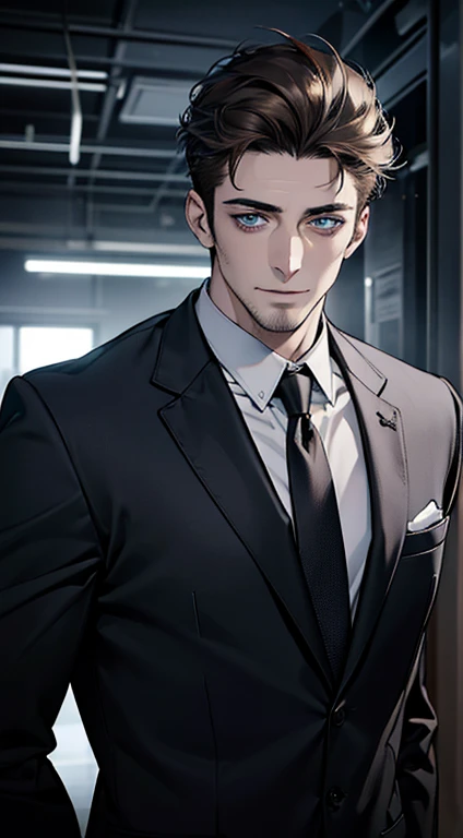 (best quality,4k,8k,highres,masterpiece:1.2),ultra-detailed,(realistic,photorealistic,photo-realistic:1.37),1 man,31 years old,mature man,very handsome,without expression,smile,short grey brown hair,blue eyes,penetrating gaze,perfect face without errors,imposing posture,businessman,office background,cinematic lighting,hdr image