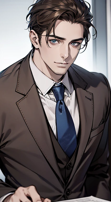 (best quality,4k,8k,highres,masterpiece:1.2),ultra-detailed,(realistic,photorealistic,photo-realistic:1.37),1 man,31 years old,mature man,very handsome,without expression,smile,short grey brown hair,blue eyes,penetrating gaze,perfect face without errors,imposing posture,businessman,office background,cinematic lighting,hdr image