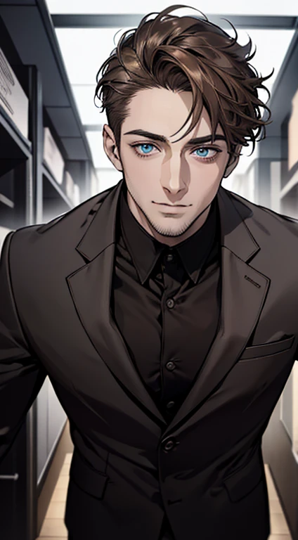 (best quality,4k,8k,highres,masterpiece:1.2),ultra-detailed,(realistic,photorealistic,photo-realistic:1.37),1 man,31 years old,mature man,very handsome,without expression,smile,short grey brown hair,blue eyes,penetrating gaze,perfect face without errors,imposing posture,businessman,office background,cinematic lighting,hdr image