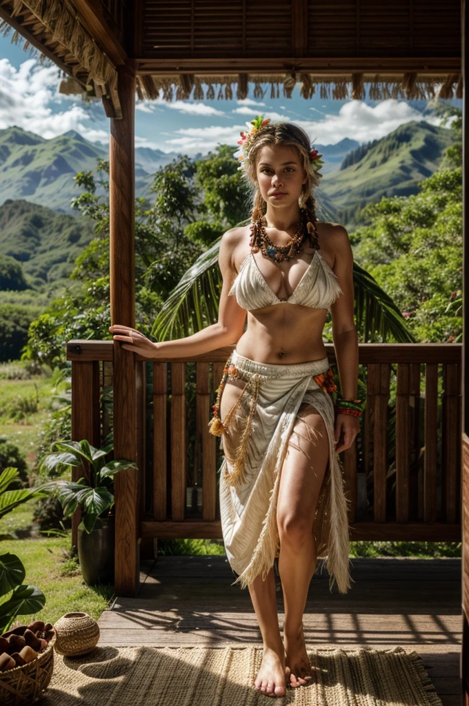 18 year old white female, caucasian, wearing classic tribal luau hula outfit including luau grass blade skirt, lei, and coconut shell bra, standing pacific northwestern porch, detailed facial features, detailed clothing, intricate tribal patterns, natural lighting, vivid colors, photorealistic, 8k, masterpiece, pacific northwest forest in background, island decorations on porch, horizontal woven grass blinds around porch