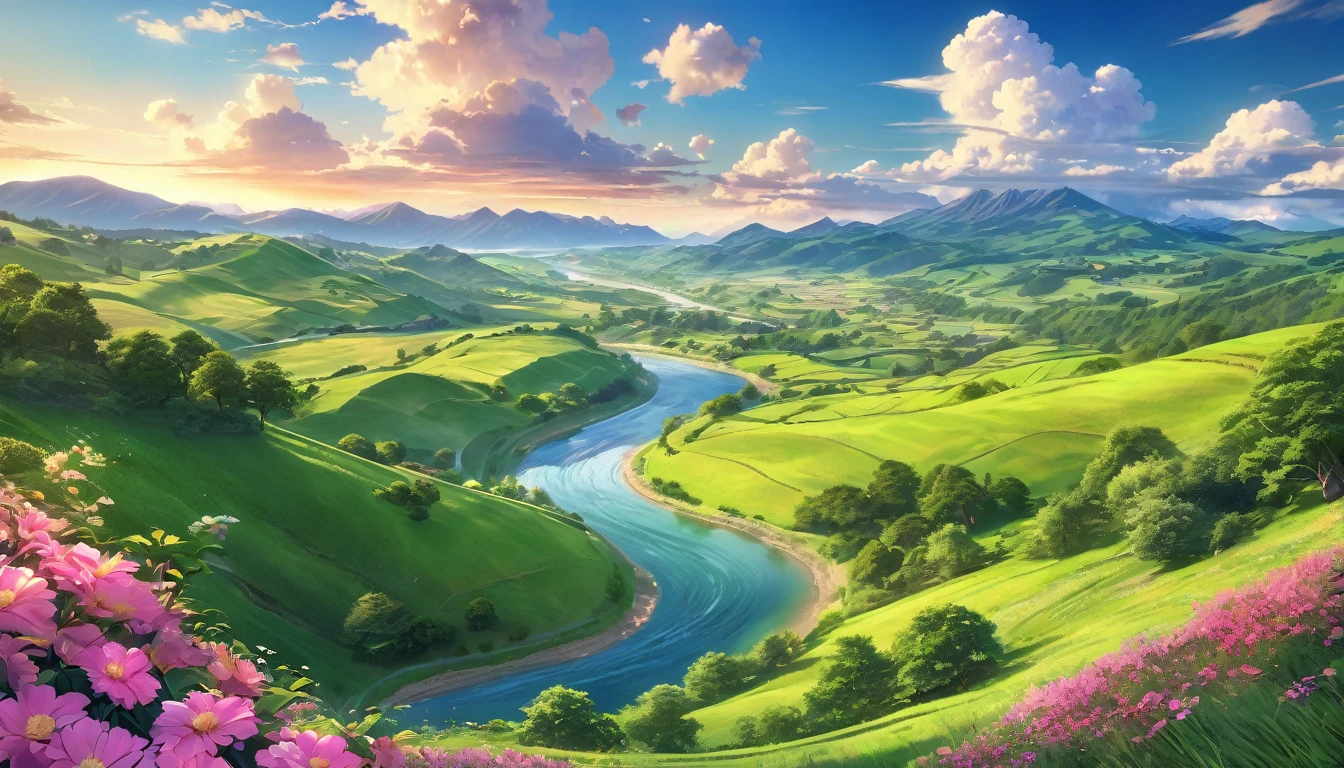 a beautiful countryside landscape in early summer, idyllic rural scene, anime style, dramatic lighting, lush greenery, fluffy clouds, vibrant colors, serene atmosphere, (best quality,4k,8k,highres,masterpiece:1.2),ultra-detailed,(realistic,photorealistic,photo-realistic:1.37),landscape,vivid colors,dramatic lighting,anime,pastoral,rolling hills,winding river,distant mountains,blooming flowers,verdant foliage