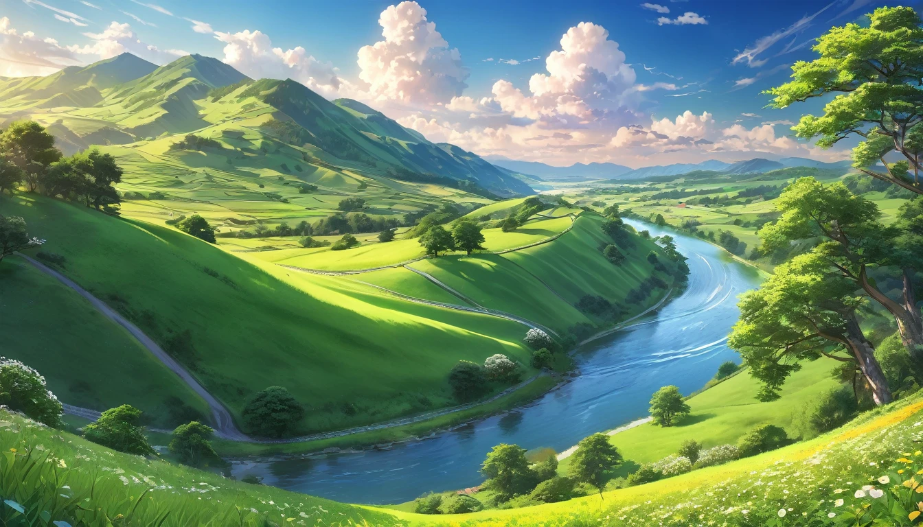 a beautiful countryside landscape in early summer, idyllic rural scene, anime style, dramatic lighting, lush greenery, fluffy clouds, vibrant colors, serene atmosphere, (best quality,4k,8k,highres,masterpiece:1.2),ultra-detailed,(realistic,photorealistic,photo-realistic:1.37),landscape,vivid colors,dramatic lighting,anime,pastoral,rolling hills,winding river,distant mountains,blooming flowers,verdant foliage