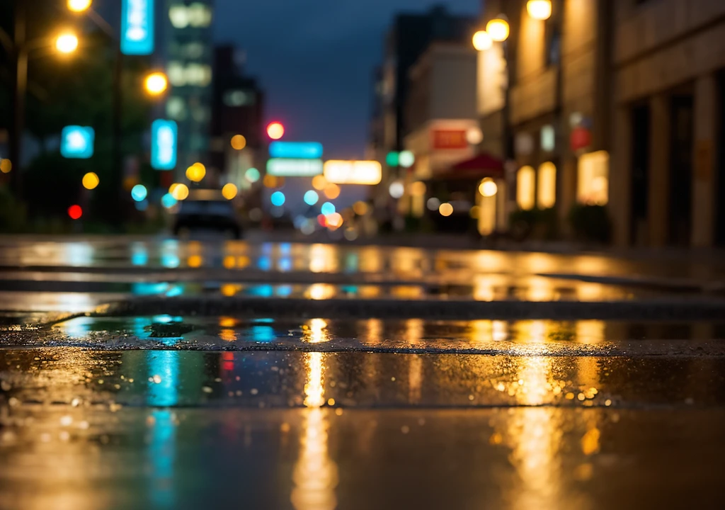 ((Best quality)), ((masterpiece)), (detailed), fantasy art, A macro photograph capturing a huge raindrop about to fall on concrete, reflecting the lights of a downtown street at night. The shallow depth of field adds realism to the scene,it's raining
