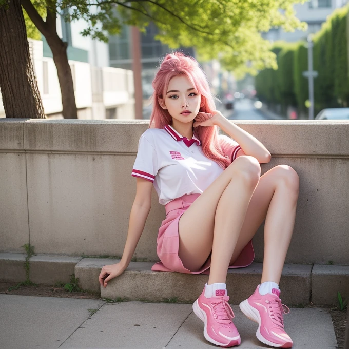 (spread legs, legs up :1.3),One person girl,View Lens,Pink Hair,Wear ,masterpiece,high quality,8K,最high quality,Realistically,Vivid details,One huge breasted girl,Adorable,Beautiful face with lots of detail,One Man,View your viewers,The street faces the wall,Standing on the street,uniform,Perfect detail。