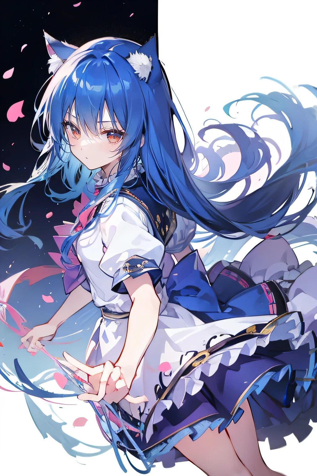 (masterpiece:1.2),Super detailed,lifelike,Expressive eyes,fair skin,perfect face shape,1 girl,
Japanese comics,Gorgeous blue hair,flowing blue hair,flowing clothes,Cat ears,Petals fall,beautiful lola,Baby Angel,
Shaking head with one hand,Cross your legs,,The pavilion is cool and comfortable,smile,back views,sunrise,Petals fall