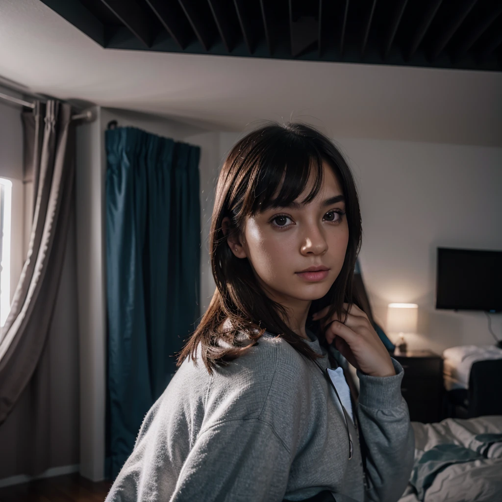twitter pfp of realistic girl in bedroom not full face rgb led in background