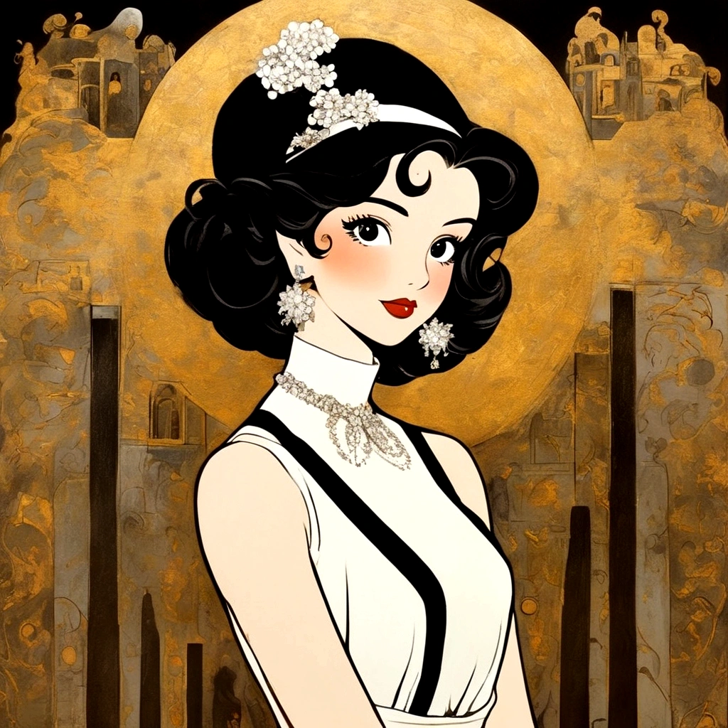 An elegant and cute girl,She has short black hair,giggle,Ostentatious movements,black eyes,Metal earrings,White suspenders,Animation in the 1970s,High Cold Beauty Animation Gift,Strong close-up,depictions of aristocracy,Iconic pop culture reference,Ultra-high-definition images