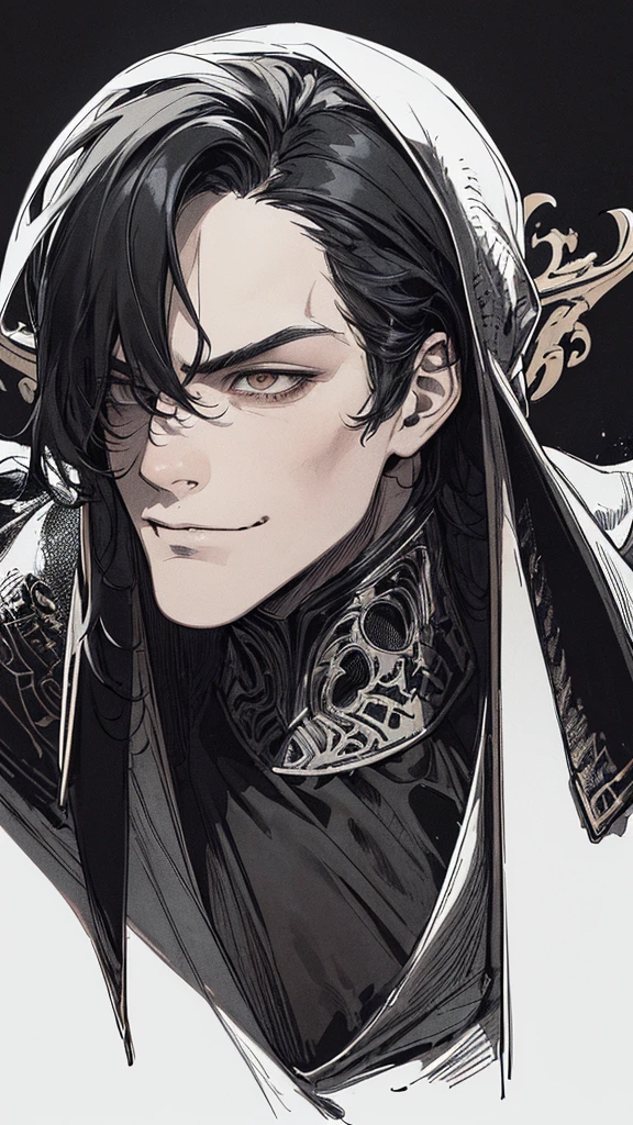 Best quality, (background_detail), high_contrast, detail_original_illustration, warrior, muscular, villain face, armored, full_body, medieval, crease between eyes, young man, man in 20s, dark_stitch_landscape, (dramatic_lighting:1. 25), (shaded_background:1.2), black_hair, (short black hair:) 1.1 ), Large figure, Delicate face, Evil smile, Sharp eyes, Black background, (Black background:1.5), Beautiful line drawing, Black and white