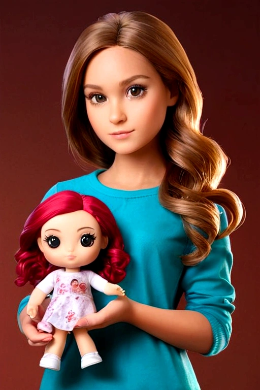 Create an image of a girl holding a Funko-type doll that looks like her Realist