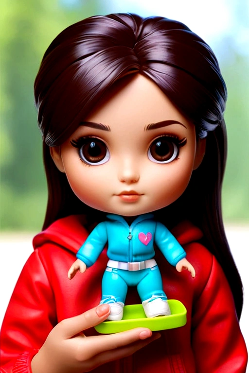 Create an image of a girl holding a Funko-type doll that looks like her Realist
