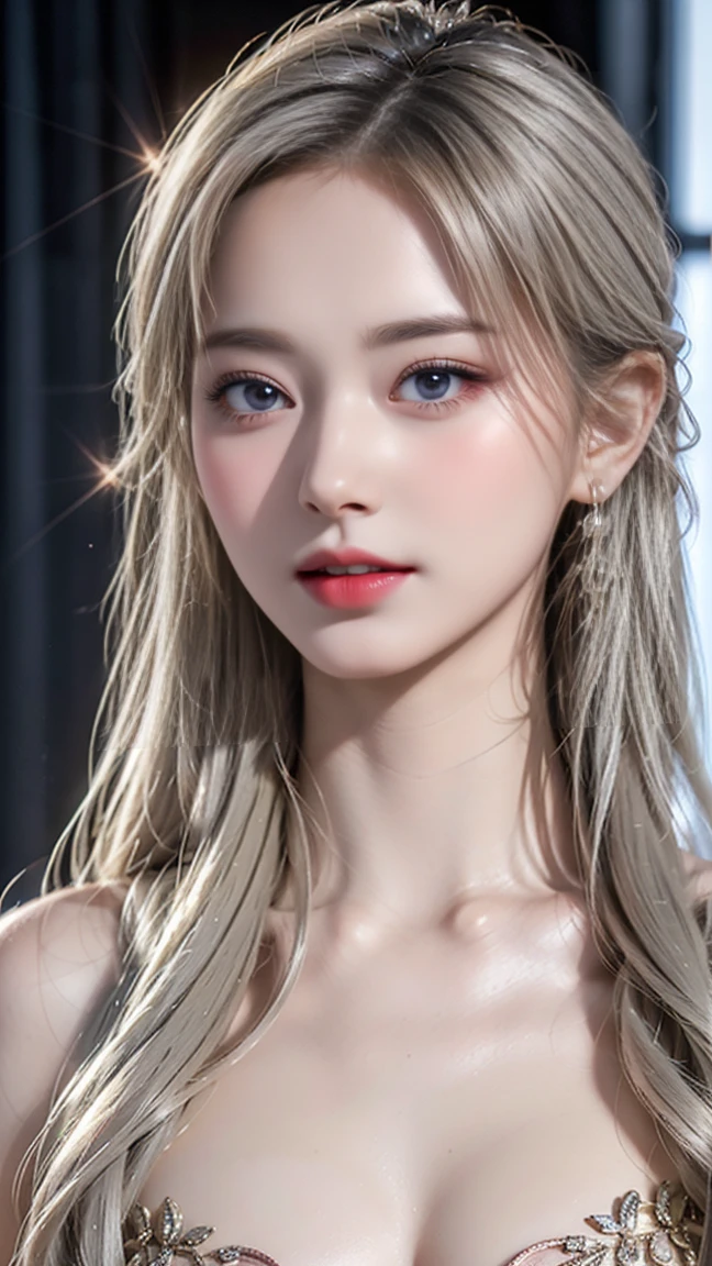 Top quality artwork, Realistic artwork, Extreme graphics, 8K HD CG artwork, High quality graphics, High resolution CG artwork, 10x pixels, super fine details: 1.1, Fine details Advanced techniques: 1.1 Realistic images, Indoor lighting effects: 1.5, Natural light: 1.5. lighting effect（virtual lighting effect：1.8），超High resolution，shiny赤いドレス，長いsilver hair,silver hair,transparent hair,high detail hair（high-end hair details:1.1 )clear eyes, beautiful double eyelids, sharp eye makeup, delicate eyelash makeup, thin eyebrows, highly detailed eyes, high nose, beautiful red lips, pink cheeks, elegant makeup face handsome, cute face, perfectly balanced face,（Advanced facial details: 1.1), shiny, ((nude)) , Maxi walking，high heels，At the banquet hall，work women's art，（full body shape），realism,wonderful,my eyes are shining today