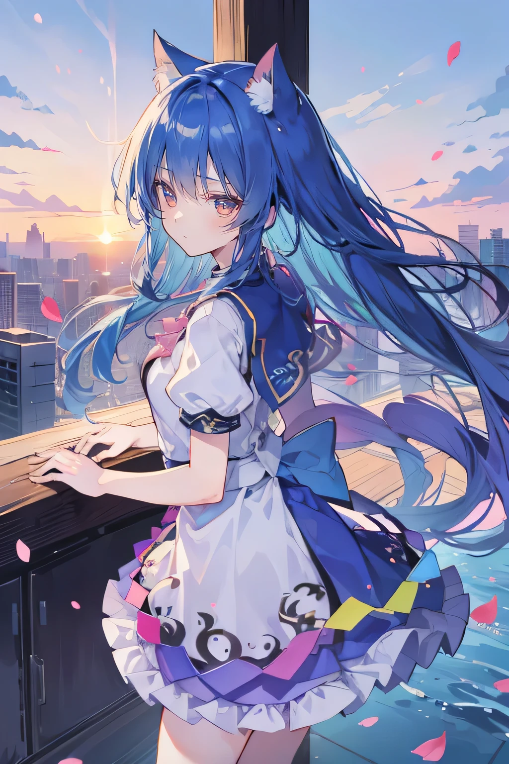 (masterpiece:1.2),Super detailed,lifelike,Expressive eyes,fair skin,perfect face shape,1 girl,
Japanese comics,Gorgeous blue hair,flowing blue hair,flowing clothes,Cat ears,Petals fall,beautiful lola,Baby Angel,
Shaking head with one hand,Cross your legs,,The pavilion is cool and comfortable,smile,back views,sunrise,Petals fall,tokyo back views.