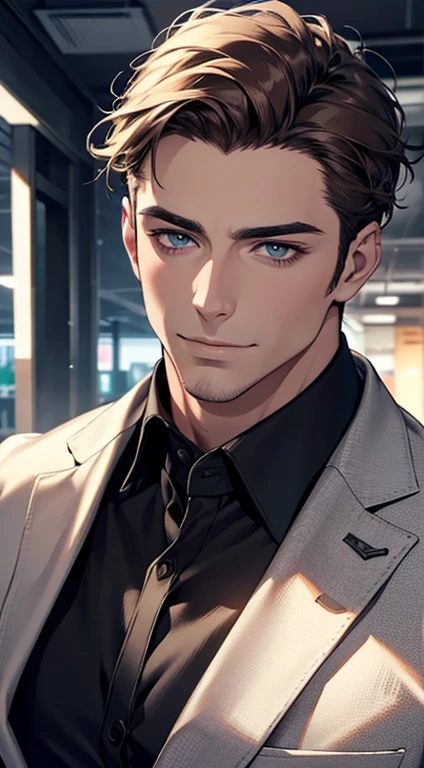 (best quality,4k,8k,highres,masterpiece:1.2),ultra-detailed,(realistic,photorealistic,photo-realistic:1.37),1 man,31 years old,mature man,very handsome,without expression,smile,short grey brown hair,blue eyes,penetrating gaze,perfect face without errors,imposing posture,businessman,office background,cinematic lighting,hdr image