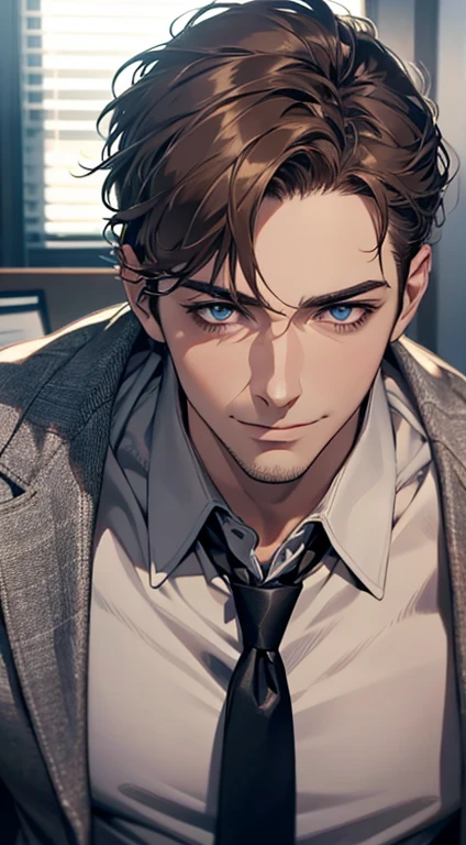 (best quality,4k,8k,highres,masterpiece:1.2),ultra-detailed,(realistic,photorealistic,photo-realistic:1.37),1 man,31 years old,mature man,very handsome,without expression,smile,short grey brown hair,blue eyes,penetrating gaze,perfect face without errors,imposing posture,businessman,office background,cinematic lighting,hdr image