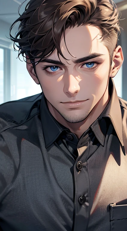 (best quality,4k,8k,highres,masterpiece:1.2),ultra-detailed,(realistic,photorealistic,photo-realistic:1.37),1 man,31 years old,mature man,very handsome,without expression,smile,short grey brown hair,blue eyes,penetrating gaze,perfect face without errors,imposing posture,businessman,office background,cinematic lighting,hdr image
