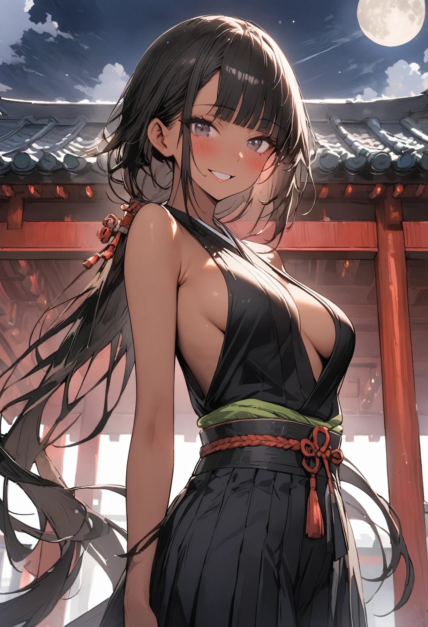 ((masterpiece,Highest quality:1.3,best quality illustration)), 独奏,1woman,(Mature Japan beauties)、black hair,(low ponytail hair style),long hair,blunt bangs,black eyes,gorgeous eyes,((very small head:1.3)),blush,smile,((very long body:1.2)),medium breasts,(tan skin), (gleaming skin,toned body,slender body, skinny),(Female Ninja Costume、A simple, patternless black kimono、Black Hakama),roof,Moonlit Night、shrine、