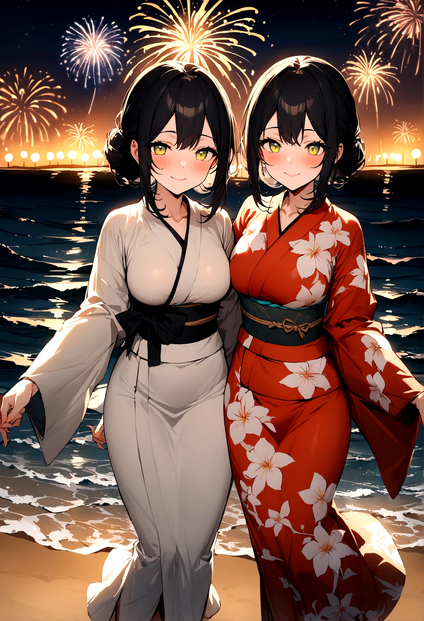 masterpiece, best quality, Summer Kimono, Flowering, firework, firefly，Waves，Walking on the beach, Smile, Night Sky, Black hair