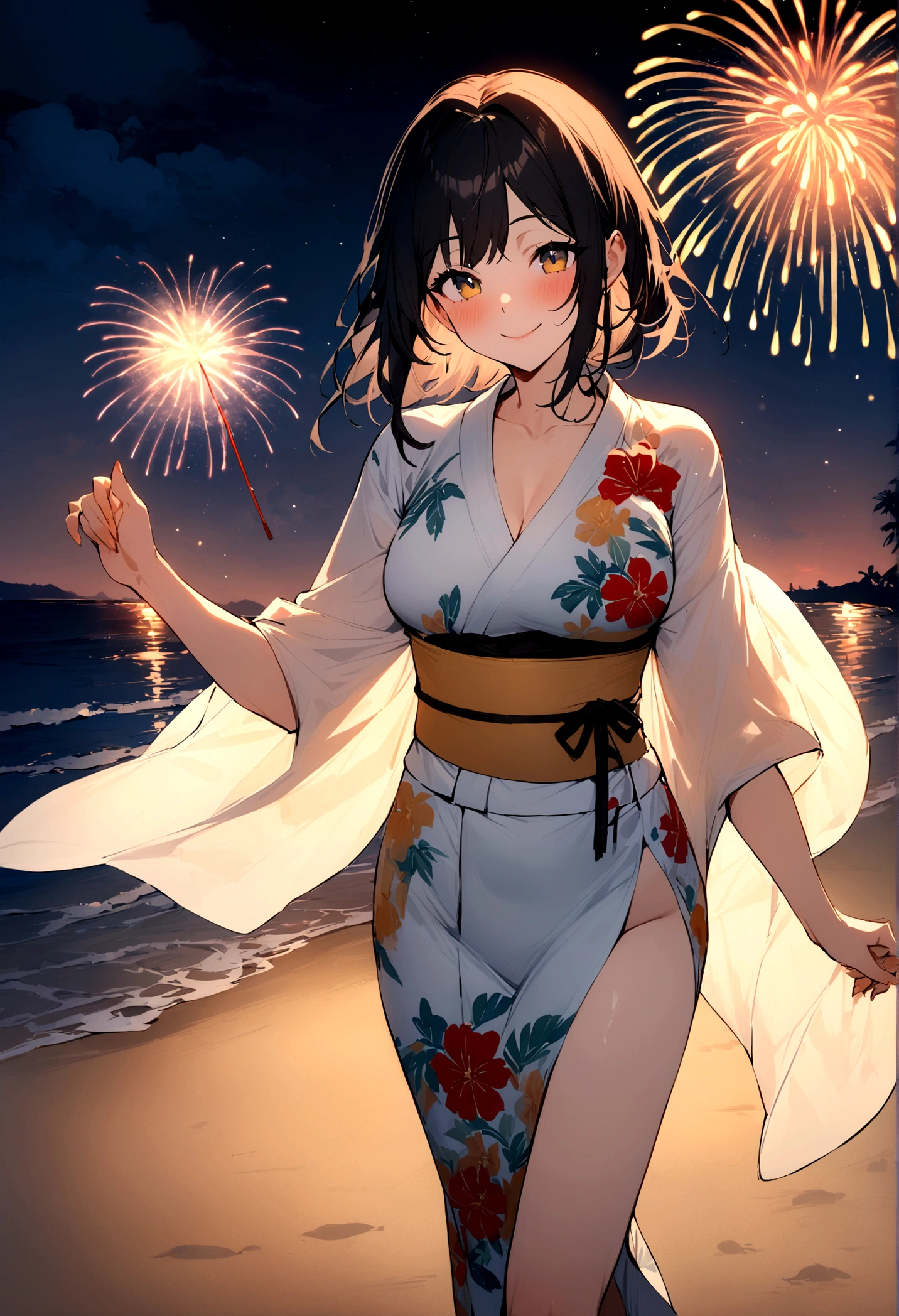 masterpiece, best quality, Summer Kimono, Flowering, firework, firefly，Waves，Walking on the beach, Smile, Night Sky, Black hair