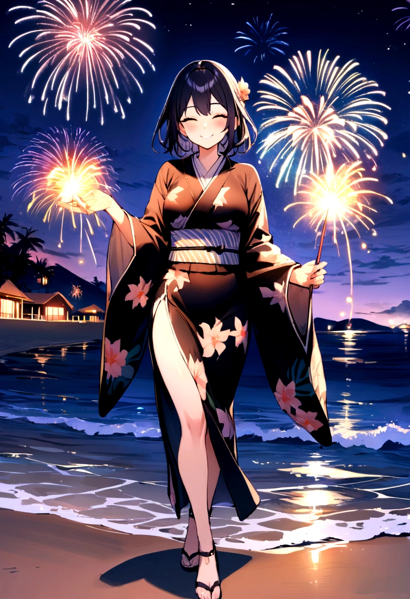 masterpiece, best quality, Summer Kimono, Flowering, firework, firefly，Waves，Walking on the beach, Smile, Night Sky, Black hair