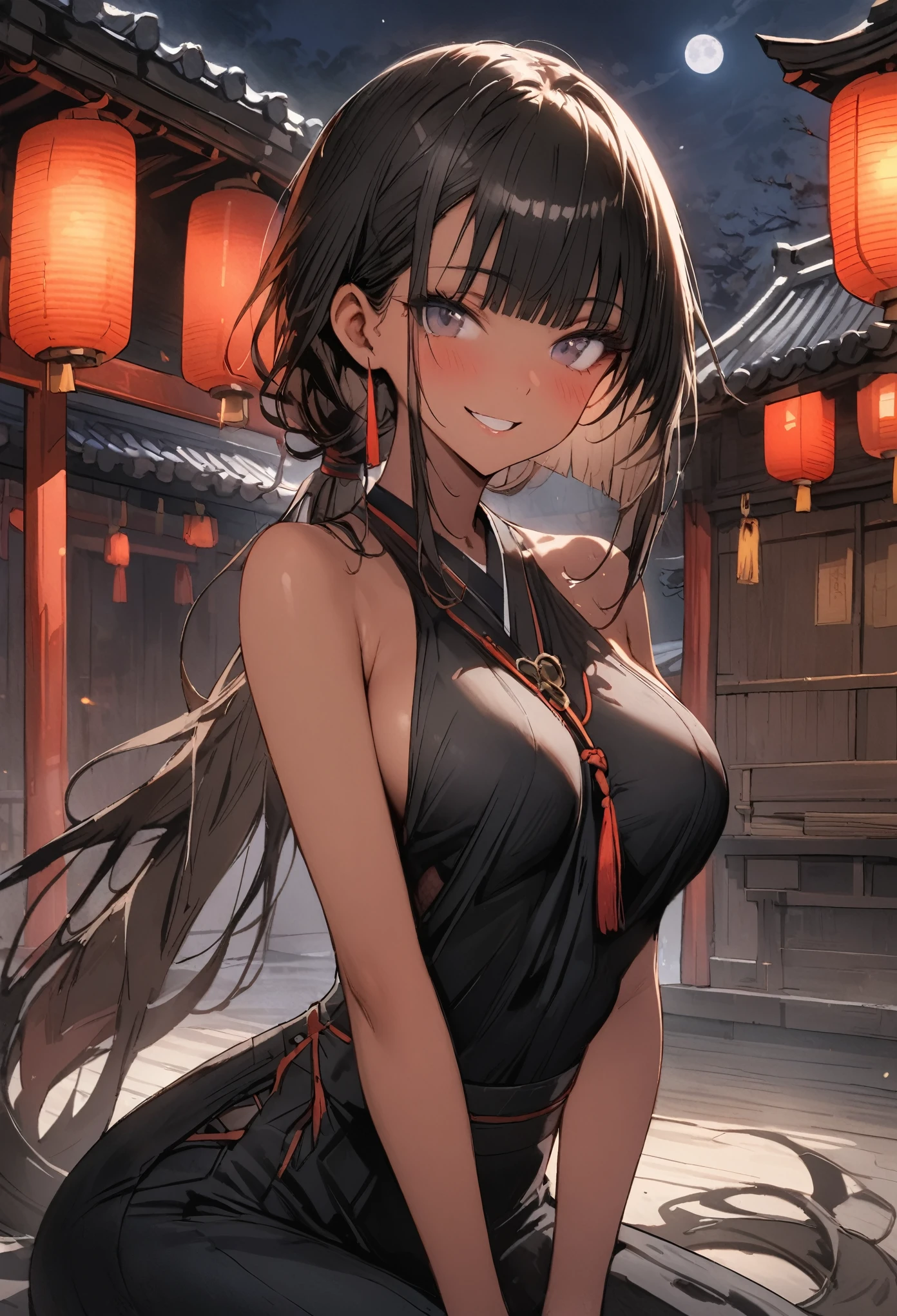 ((masterpiece,Highest quality:1.3,best quality illustration)), 独奏,1woman,(Mature Japan beauties)、black hair,(low ponytail hair style),long hair,blunt bangs,black eyes,gorgeous eyes,((very small head:1.3)),blush,smile,((very long body:1.2)),medium breasts,(tan skin), (gleaming skin,toned body,slender body, skinny),(Female Ninja Costume、A simple, patternless black kimono、Black Hakama),roof,Moonlit Night、shrine、