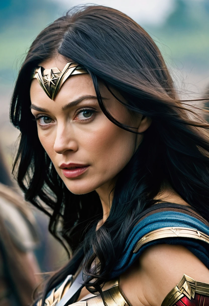 (((Extreme close-up Olga Kurylenko (((long black hair)))under the mantle of the Amazon warrior Wonder Woman Diaema Wonder Woman frontal images color images Splash))),(((Olga Kurylenko ))),(((black hair Largo))),(((black hair)))