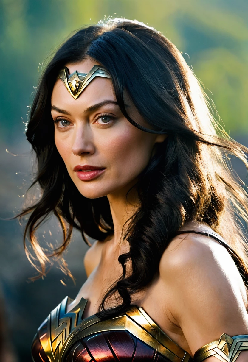 (((Extreme close-up Olga Kurylenko (((long black hair)))under the mantle of the Amazon warrior Wonder Woman Diaema Wonder Woman frontal images color images Splash))),(((Olga Kurylenko ))),(((black hair Largo))),(((black hair)))