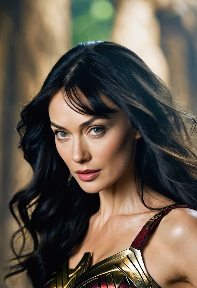 (((Extreme close-up Olga Kurylenko (((long black hair)))under the mantle of the Amazon warrior Wonder Woman Diaema Wonder Woman frontal images color images Splash))),(((Olga Kurylenko ))),(((black hair Largo))),(((black hair)))