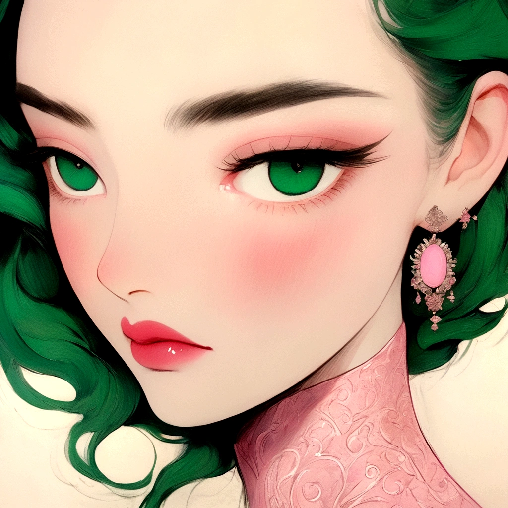 sad,Delicate face,close up,cartoon,wallpaper,cartoon背景,New popular sensitive style,Deep emerald and pink,Sensitive Stillness,80's,Whiplash Curve,Timeless beauty,Directional posture