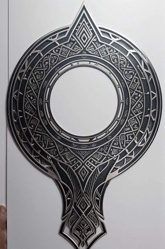 Please create the text 'ETHEREAL' in a sleek, metallic, tribal style similar to the provided image. The design should feature sharp curves and pointed edges, with a polished, reflective silver appearance against a dark, gradient background. The style should evoke the look of a complex, symmetrical tribal tattoo but it's circle, and make it look like AESPA's logo (k pop group)