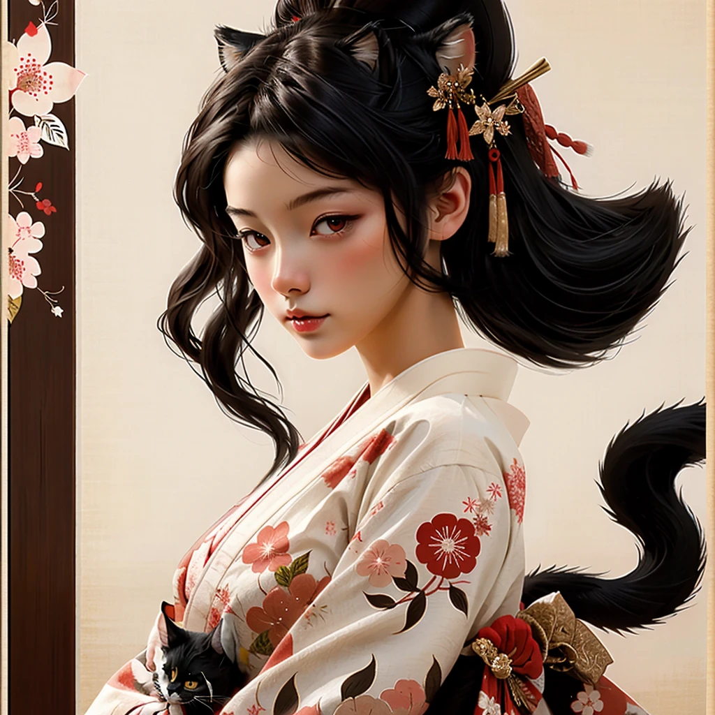 sexy, beautiful,bella geisha petting cat, japanese painting, drawing