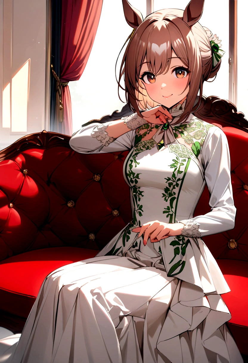 (((Horse Girl))), (((Fine Motion))), sitting on a luxurious red sofa, smile, A young lady-like outfit with white as the base and green embroidery, , High resolution,