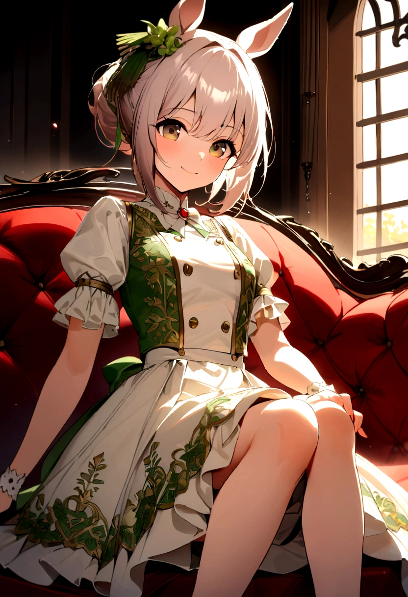 (((Horse Girl))), (((Fine Motion))), sitting on a luxurious red sofa, smile, A young lady-like outfit with white as the base and green embroidery, , High resolution, 