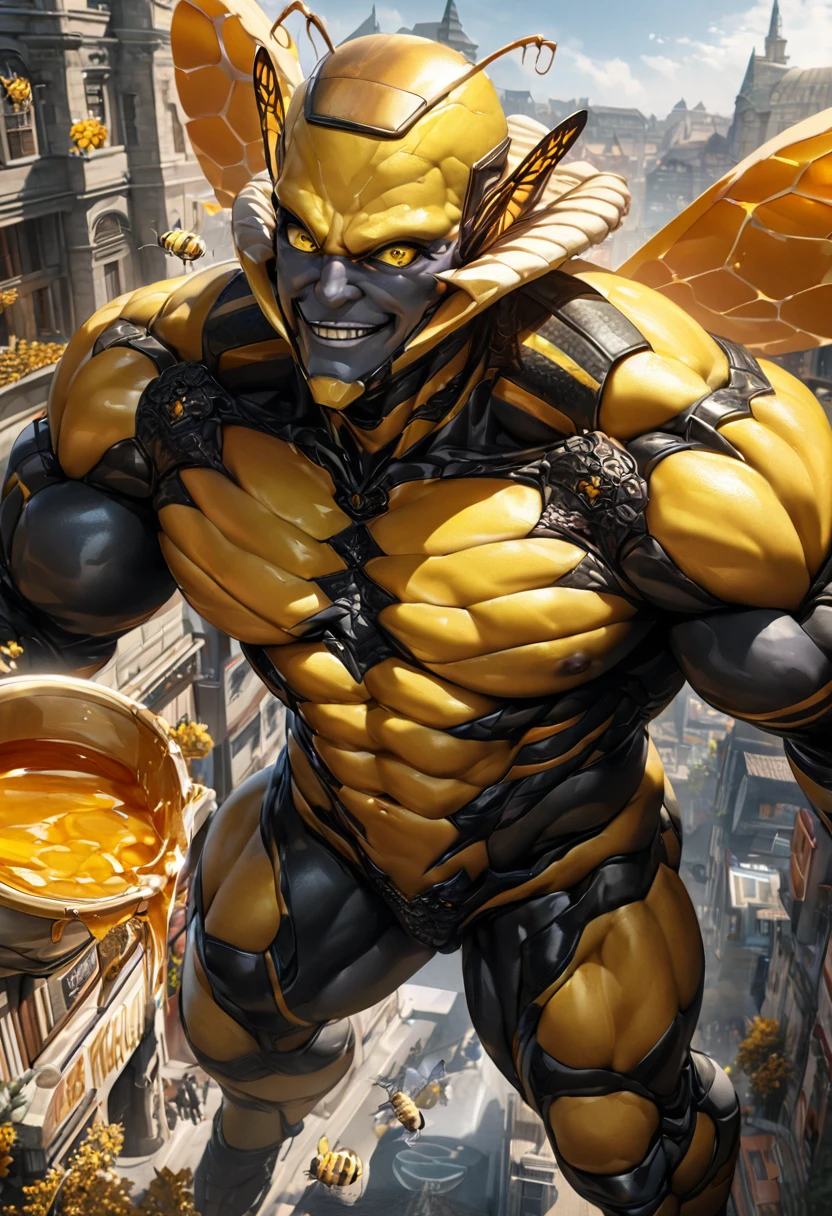 ((absurdres)) perfect whole body, ultra photorealistic, top quality, Photorealistic, ((16k UHD)) High Definition, high-res, ultra sharp, masterpiece, the best quality, intricate details, detailed eyes, perfect face detailed face, (((in a capital city town))) orange goggles, masterpiece, highly detailed exquisite character art, perfectly detailed anatomy, detailed body, detailed pecs, hyper pecs, thick thighs, (((sunny weather))) (((natural lights))), ultra-realistic, (((1male))) ((tall muscular man male humanoid)), bald, humanoid yellow skin, bee anatomy, deity, god of honey bees, humanoid black & yellow skin tone, yellow hue, powerful humanoid appearance, compound eyes, stinger, abdomen, metallic scales, scales. Metallic armour, wings, elf ears, glossy skin, large smirking face, flying in the sky, mandibles, Antenna, honey, ((male muscular stripe black & yellow humanoid insect honey bee)) (((yellow skin))), (((black skin))) oily skin,