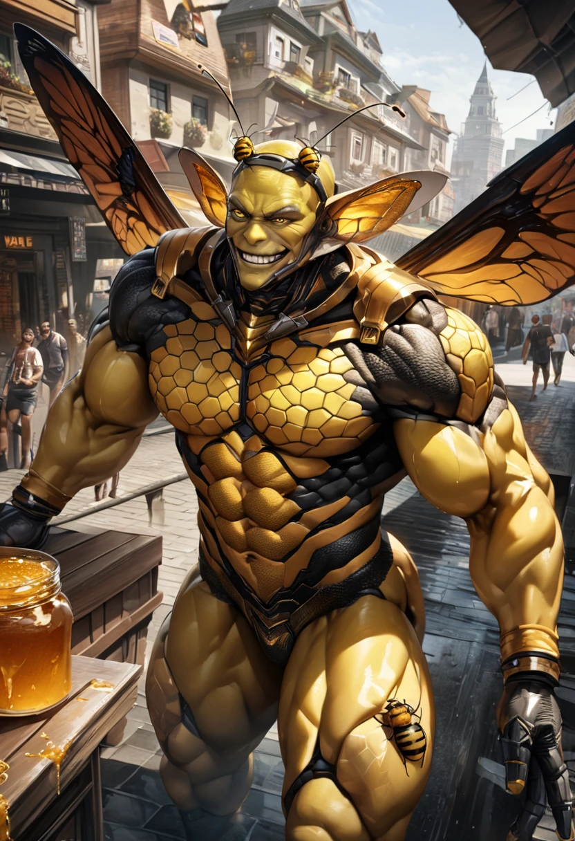((absurdres)) perfect whole body, ultra photorealistic, top quality, Photorealistic, ((16k UHD)) High Definition, high-res, ultra sharp, masterpiece, the best quality, intricate details, detailed eyes, perfect face detailed face, (((post apocalyptic city, desolate atmosphere, Dystopian landscape))) orange goggles, masterpiece, highly detailed exquisite character art, perfectly detailed anatomy, detailed body, detailed pecs, hyper pecs, thick thighs, (((sunny weather))) (((day))) (((sitting with legs open))) (((natural lights))), ultra-realistic, (((1male))) ((tall muscular man male humanoid)), bald, humanoid yellow skin, bee anatomy, deity, god of honey bees, humanoid black & yellow skin tone, yellow hue, powerful humanoid appearance, compound eyes, metallic scales, scales. Metallic armour, y pose, elf ears, glossy skin, large smirking face, mandibles, Antenna, honey, ((male muscular stripe black & yellow humanoid insect honey bee)) (((yellow skin))), (((black skin)))